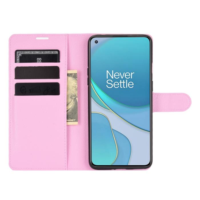 Bild 4, OnePlus 8T / 8T+ - Litchi Läder Fodral - Ljus Rosa