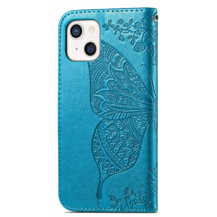 Bild 3, iPhone 13 - Butterfly Print Läder Fodral - Blå