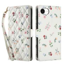 iPhone 17e / 16e Fodral Rhombus L&auml;der Blommor Vit