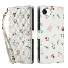 iPhone 17e / 16e Fodral Rhombus L&auml;der Blommor Vit