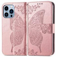 iPhone 13 Pro Max Fodral Butterfly Textur L&auml;der Ros&eacute;guld