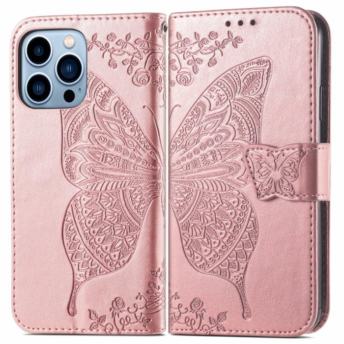 Bild 1, iPhone 13 Pro Max Fodral Butterfly Textur Läder Roséguld