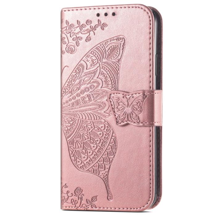 Bild 2, iPhone 13 Pro Max Fodral Butterfly Textur Läder Roséguld