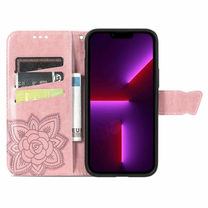 Bild 4, iPhone 13 Pro Max Fodral Butterfly Textur Läder Roséguld