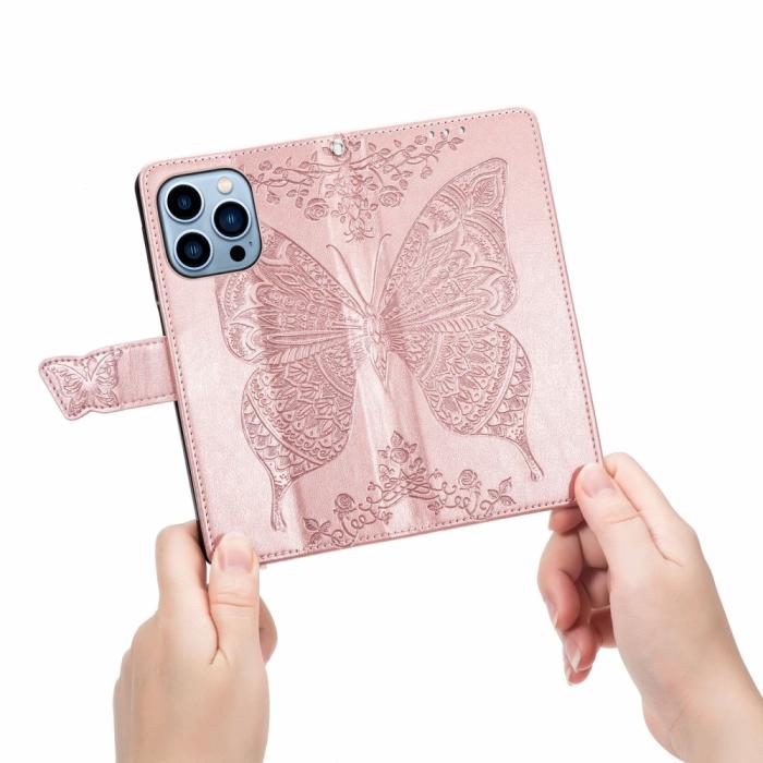 Bild 6, iPhone 13 Pro Max Fodral Butterfly Textur Läder Roséguld
