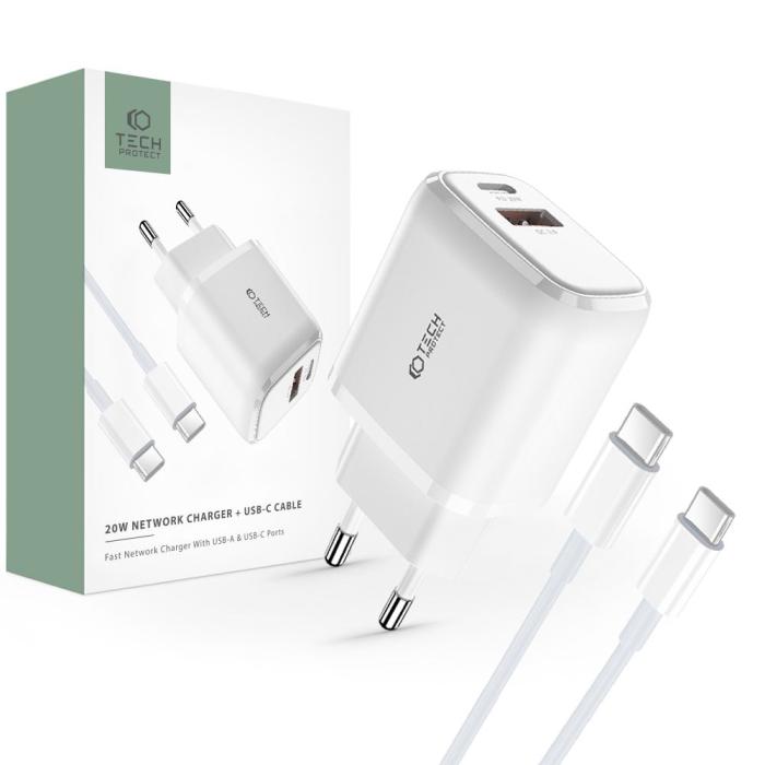Bild 1, Tech-Protect 20W Väggladdare PD Inkl. USB-C - USB-C Kabel Vit