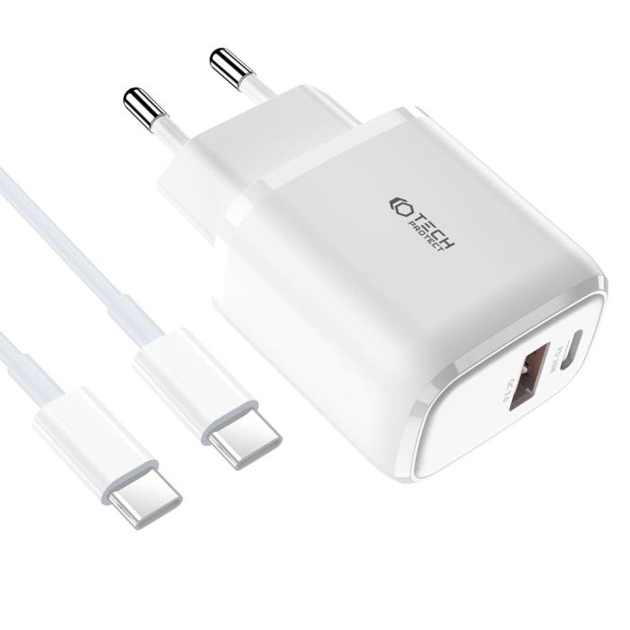 Bild 2, Tech-Protect 20W Väggladdare PD Inkl. USB-C - USB-C Kabel Vit
