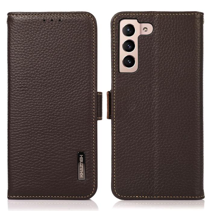 Bild 1, KHAZNEH Galaxy S23 Fodral RFID Litchi Äkta Läder Brun