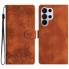 Samsung Galaxy S26 Ultra Fodral Med Blommigt Tryck L&auml;der Brun