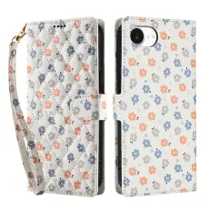 iPhone 17e / 16e Fodral Rhombus L&auml;der Blommor Vit