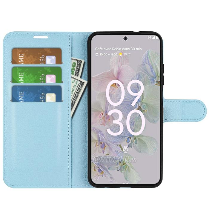 Bild 6, Google Pixel 6A Fodral Litchi Läder Ljus Blå