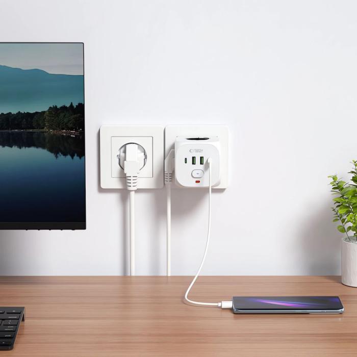 Bild 4, Tech-Protect Grendosa Med 3x Eluttag 2x USB-C + 2x USB-A Vit