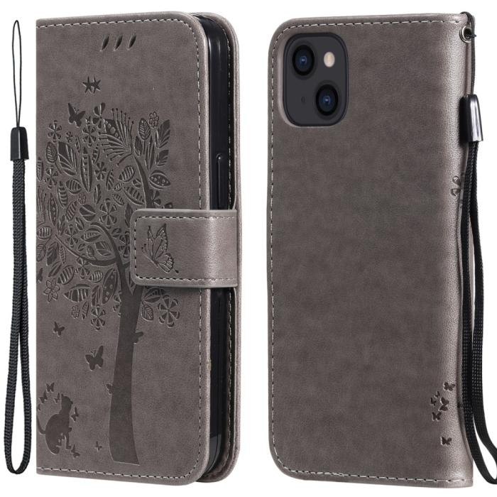 Bild 1, iPhone 13 - Tryckt Träd/Katt Design Fodral - Grå
