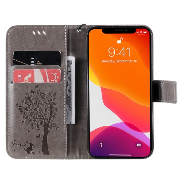 Bild 4, iPhone 13 - Tryckt Träd/Katt Design Fodral - Grå