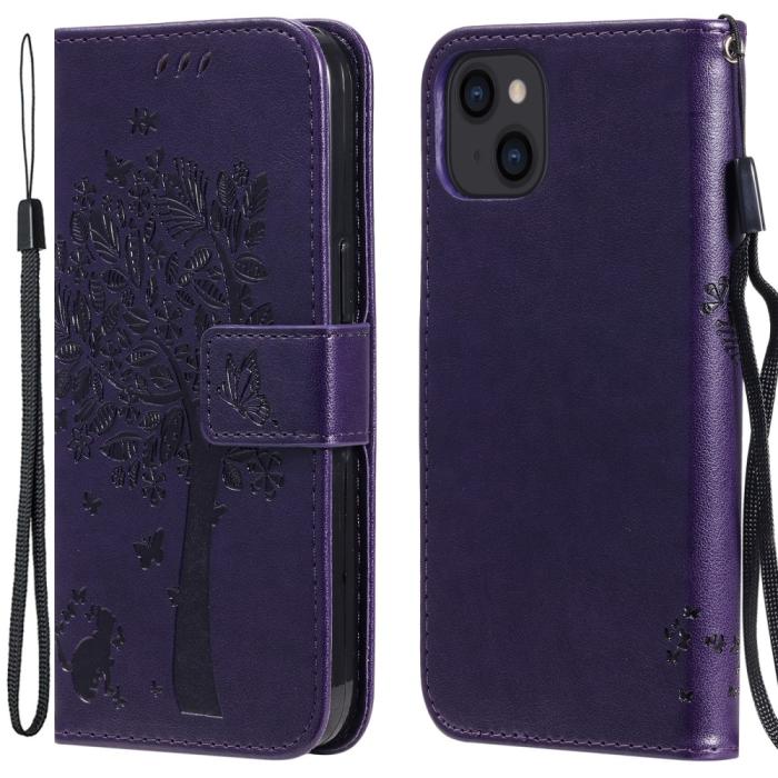 Bild 1, iPhone 13 - Tryckt Träd/Katt Design Fodral - Mörk Lila