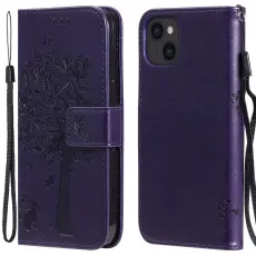 iPhone 13 - Tryckt Träd/Katt Design Fodral - Mörk Lila