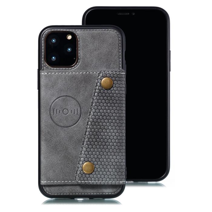 Bild 2, iPhone 12 / 12 Pro - Läder Skal Med Kortfack Och Magnet - Grå