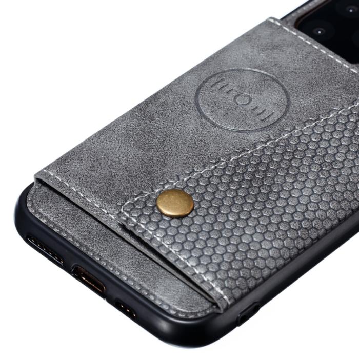 Bild 3, iPhone 12 / 12 Pro - Läder Skal Med Kortfack Och Magnet - Grå