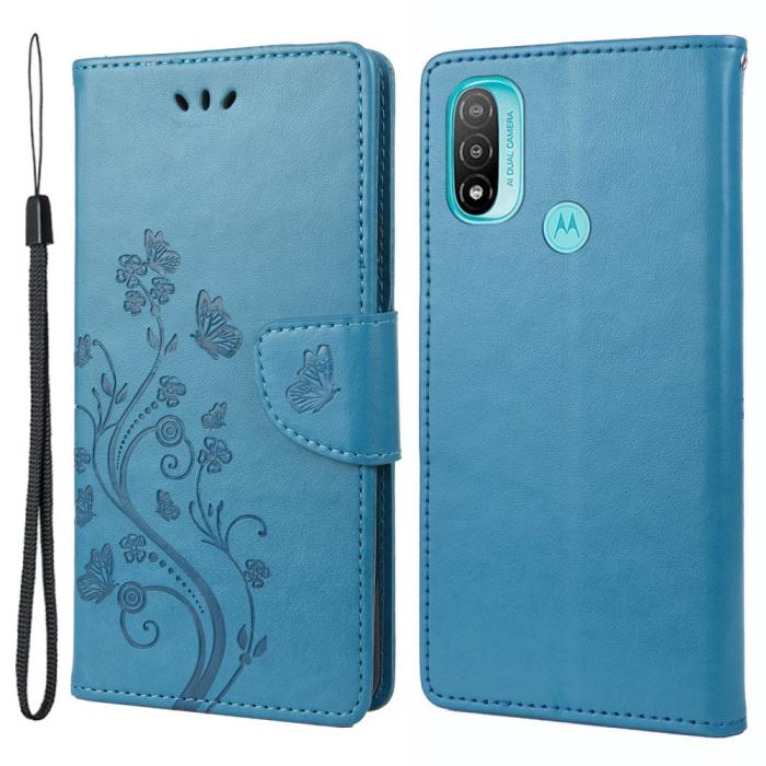 Bild 1, Motorola Moto E20 / E40 Fodral Tryckt Fjäril Textur Blå