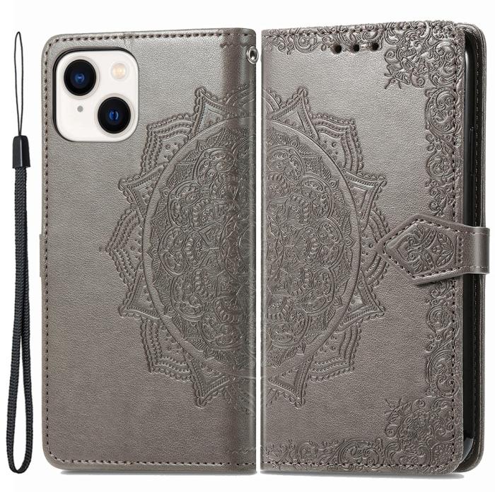 Bild 1, iPhone 15 Plus Fodral Mandala Läder Grå