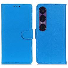 Sony Xperia 1 VII Fodral Litchi L&auml;der Bl&aring;
