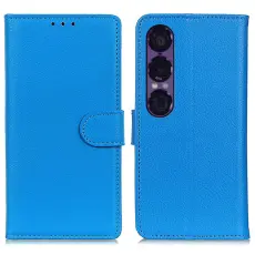 Sony Xperia 1 VII Fodral Litchi L&auml;der Bl&aring;
