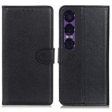Sony Xperia 1 VII Fodral Litchi L&auml;der Svart