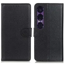 Sony Xperia 1 VII Fodral Litchi L&auml;der Svart