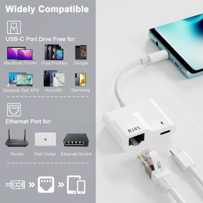 Bild 2, 2in1 60W USB-C Till RJ45 Ethernet Adapter Vit