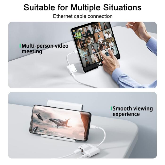 Bild 3, 2in1 60W USB-C Till RJ45 Ethernet Adapter Vit