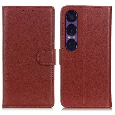 Sony Xperia 1 VII Fodral Litchi L&auml;der Brun