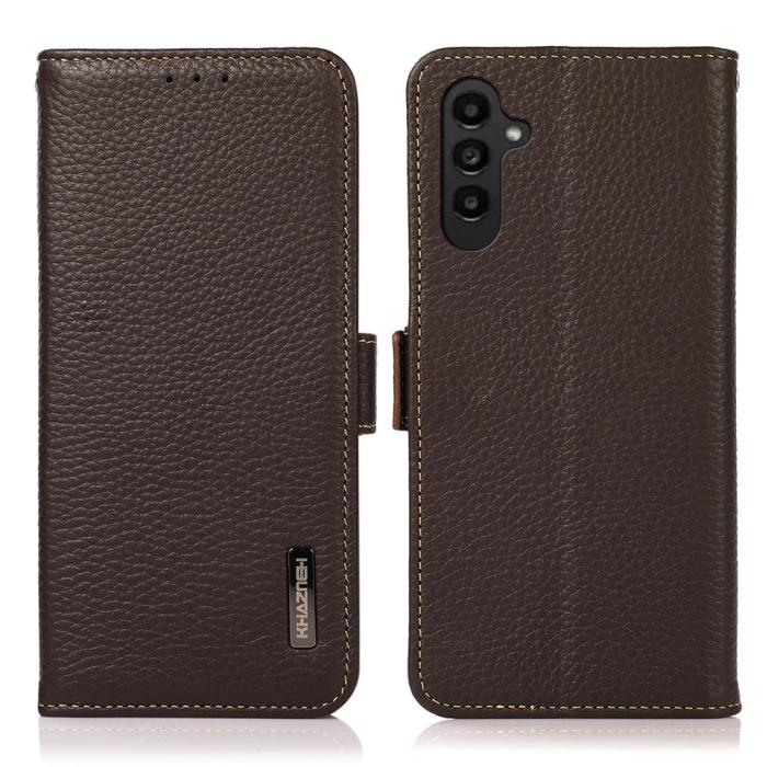 Bild 1, KHAZNEH Samsung Galaxy A25 5G Fodral Litchi RFID Äkta Läder Brun