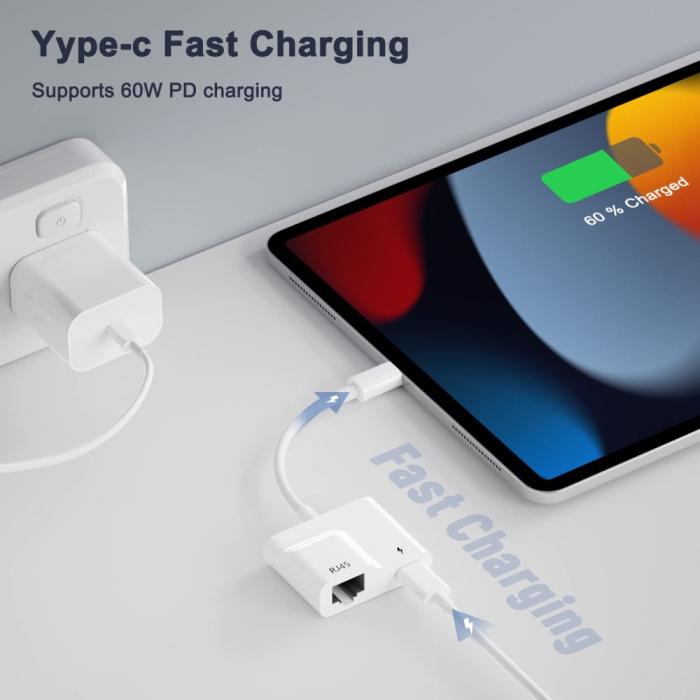 Bild 5, 2in1 60W USB-C Till RJ45 Ethernet Adapter Vit