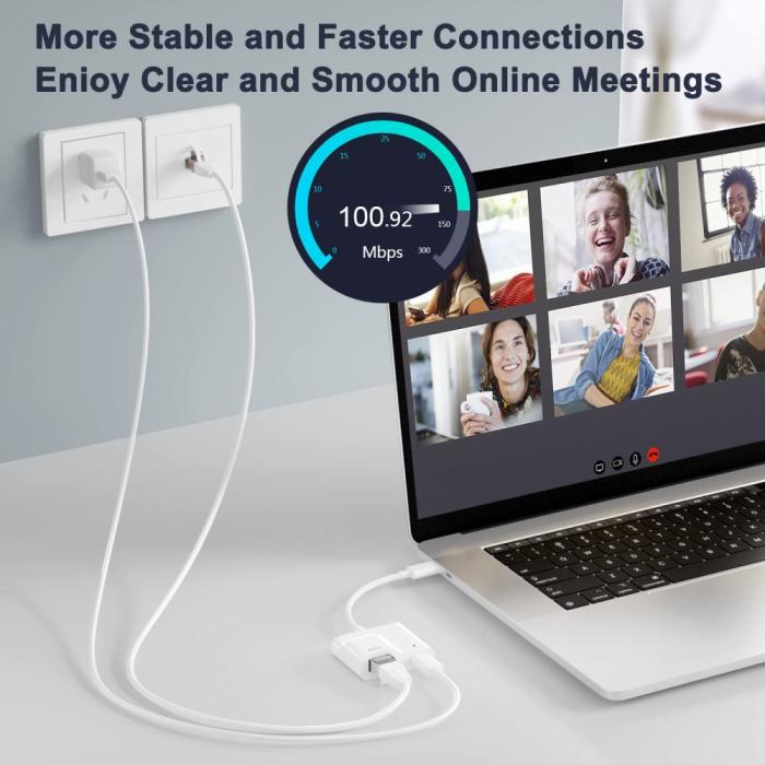 Bild 6, 2in1 60W USB-C Till RJ45 Ethernet Adapter Vit