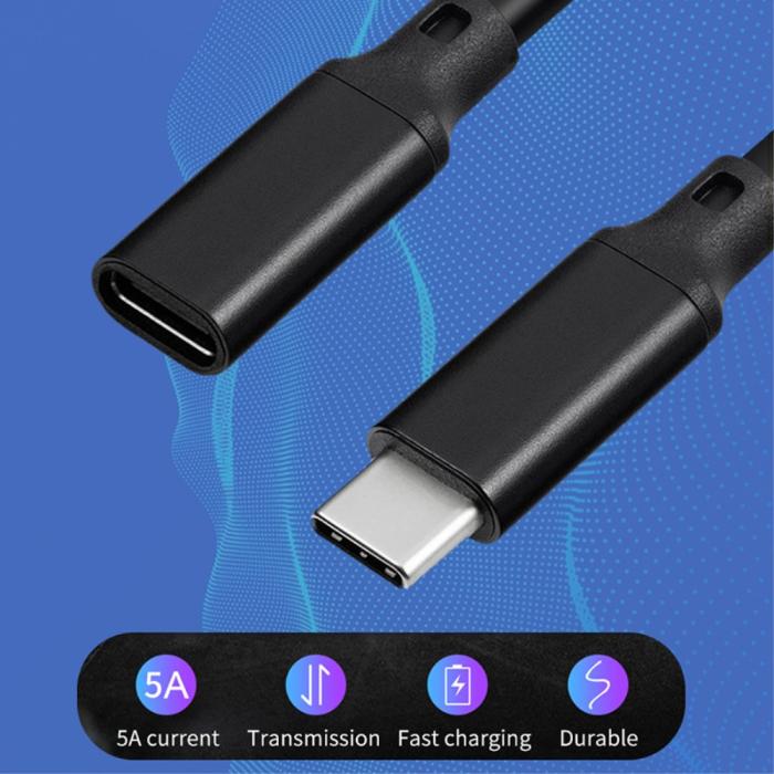 Bild 2, 3m USB-C Förlängningskabel PD 100W 5A Kabel Svart