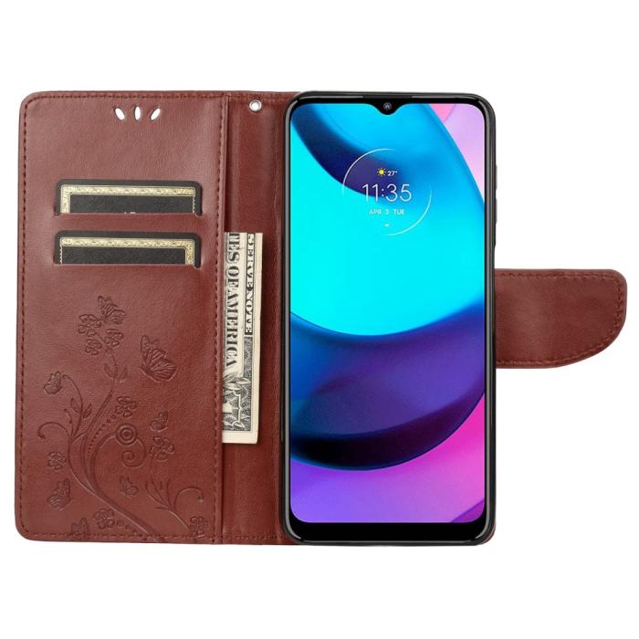 Bild 6, Motorola Moto E20 / E40 Fodral Tryckt Fjäril Textur Brun