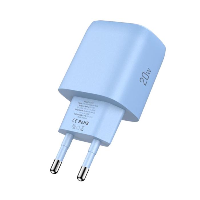 Bild 4, Tech-Protect 20W Väggladdare PD QC3.0 USB-C / USB-A Baby Blue