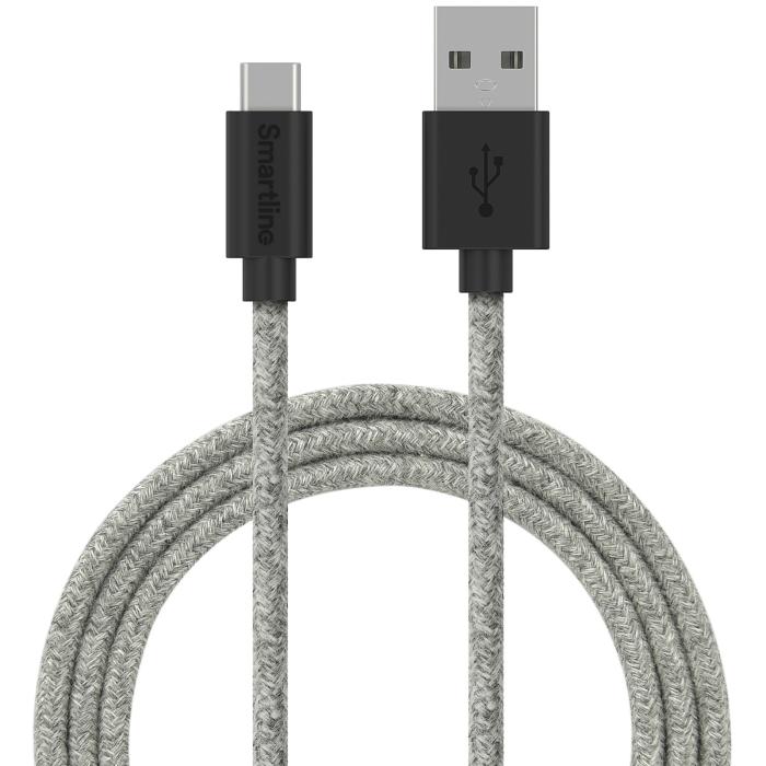 Bild 1, Smartline 2m 3A USB-C Fuzzy Laddningskabel Grå