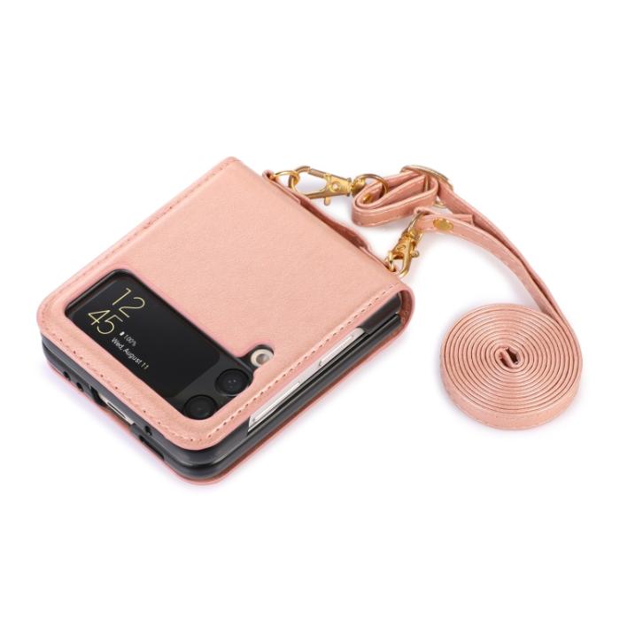 Bild 2, Galaxy Z Flip 3 Skal Solid Läder 2 Kortfack Roséguld