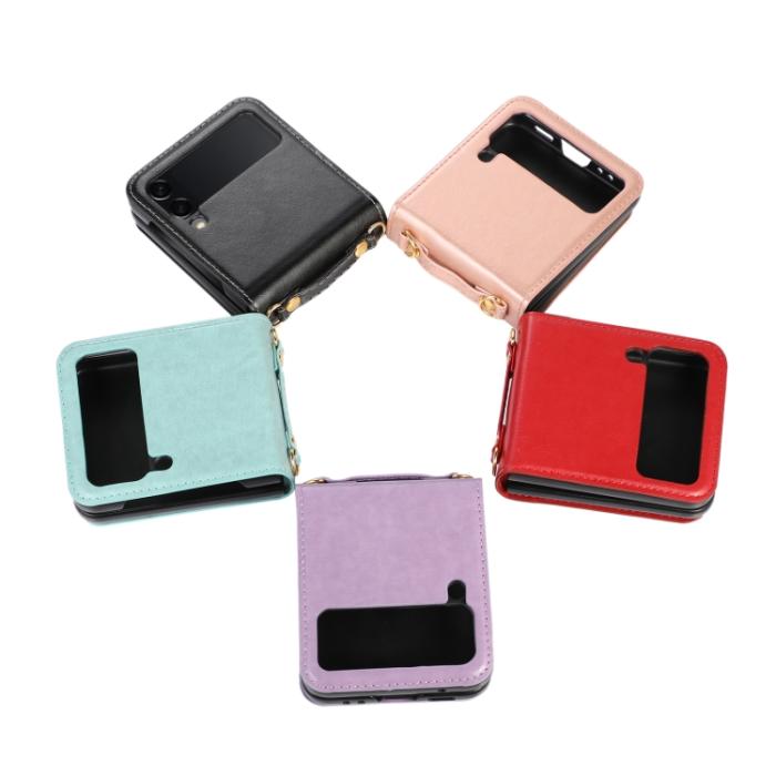 Bild 4, Galaxy Z Flip 3 Skal Solid Läder 2 Kortfack Roséguld