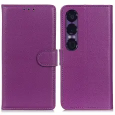 Sony Xperia 1 VII Fodral Litchi L&auml;der Lila