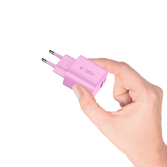Bild 5, Tech-Protect 20W Väggladdare PD QC3.0 USB-C / USB-A Baby Pink
