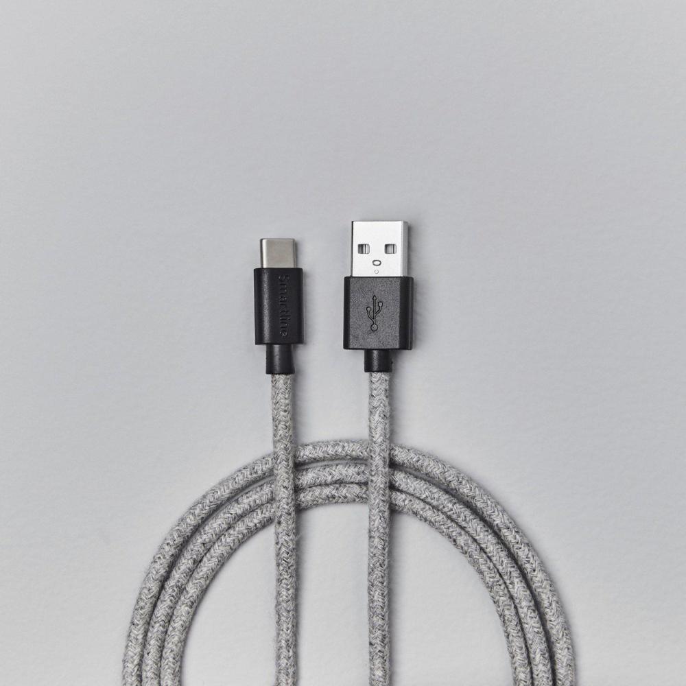 Smartline 2m 3A USB-C Fuzzy Laddningskabel Grå