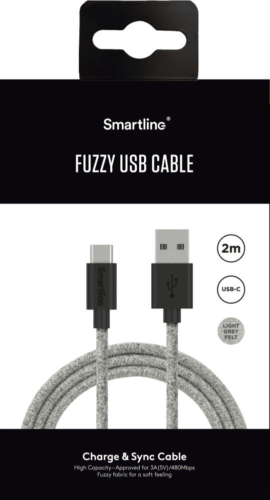 Smartline 2m 3A USB-C Fuzzy Laddningskabel Grå