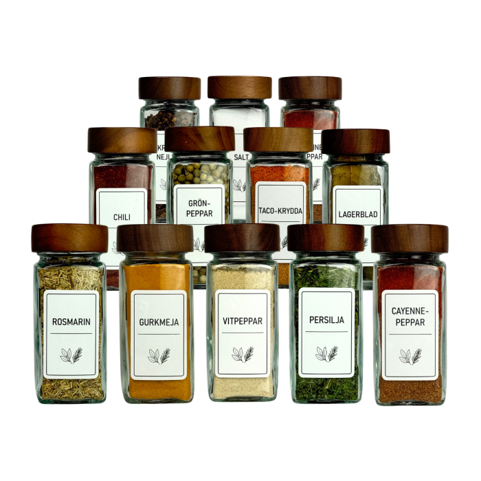Bild 1, Kryddburkar i glas 12-pack med Akaciaträlock – Svenska etiketter