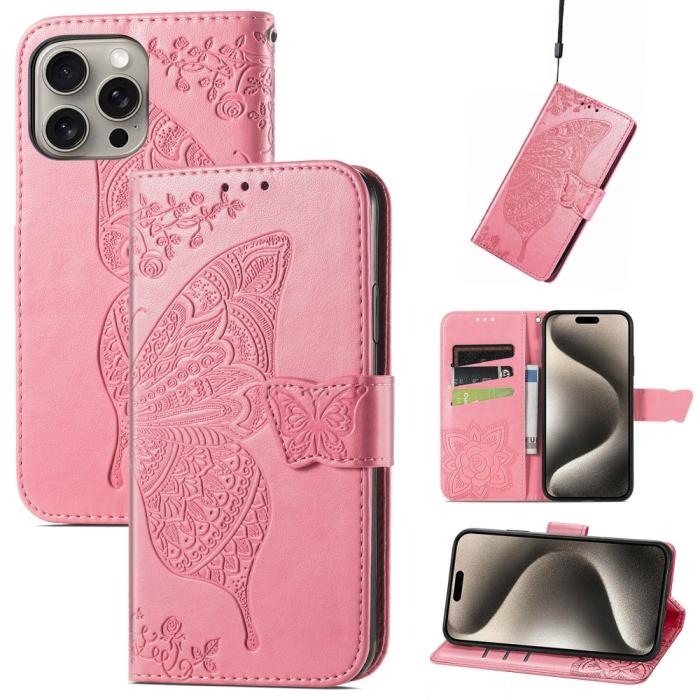 Bild 5, iPhone 16 Pro Max Fodral Med Fjäril Tryck Rosa