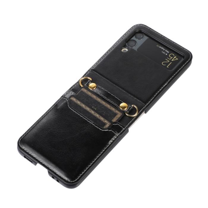 Bild 1, Galaxy Z Flip 3 Skal Solid Läder 2 Kortfack Svart
