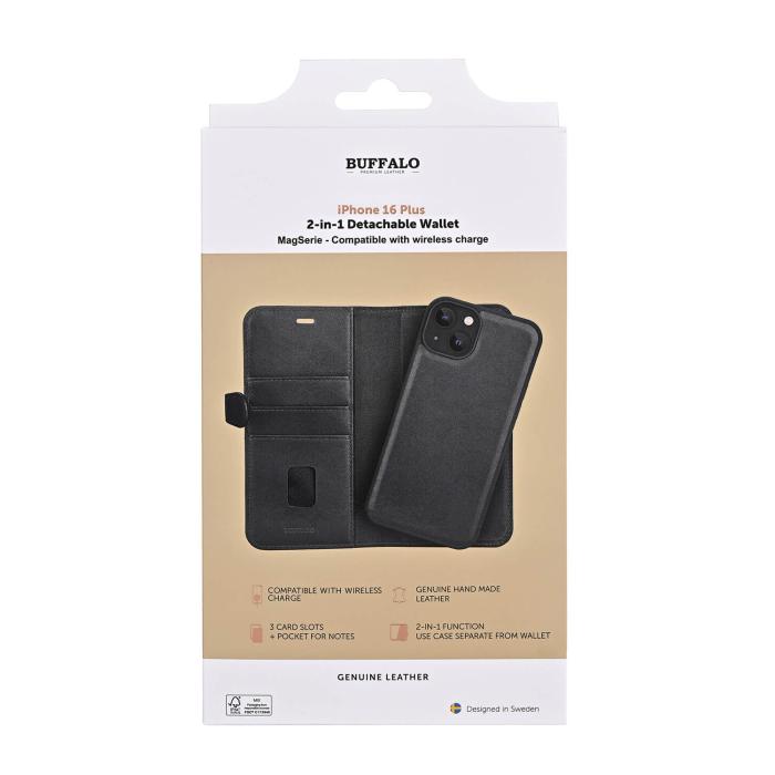 Bild 5, Buffalo iPhone 16 Plus Fodral MagSafe 2in1 Äkta Läder Svart