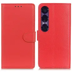Sony Xperia 1 VII Fodral Litchi L&auml;der R&ouml;d
