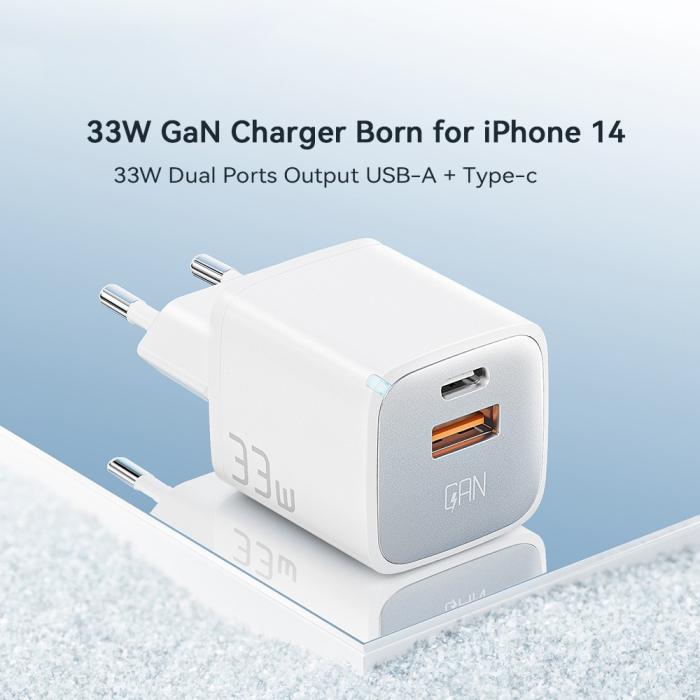 Bild 2, ESSAGER 33W GaN USB-C/USB-A Snabbladdare Vit